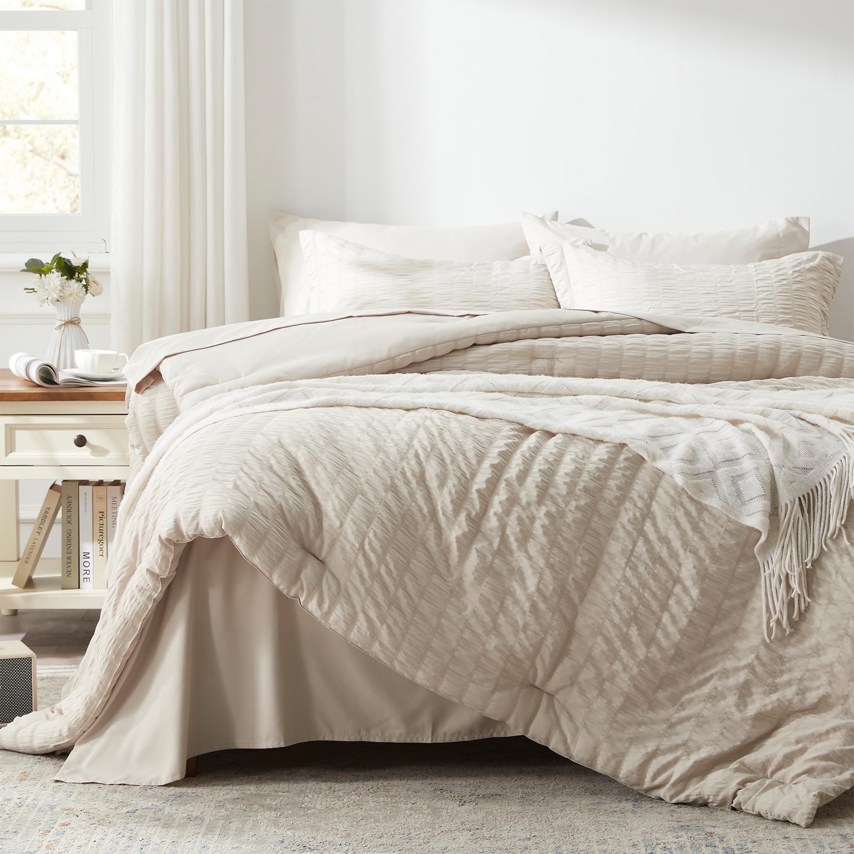 Zzlpp Queen Comforter Set 7 Pieces, Oatmeal Seersucker Bed In A Bag With Comforter And Sheets, All Season Bedding Sets With 1 Co